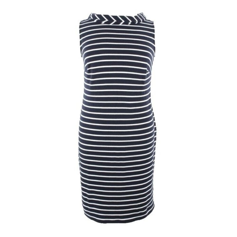Talbots $90 Sz X White Navy Blue Stripe Sheath 100% Cotton Knit Dress